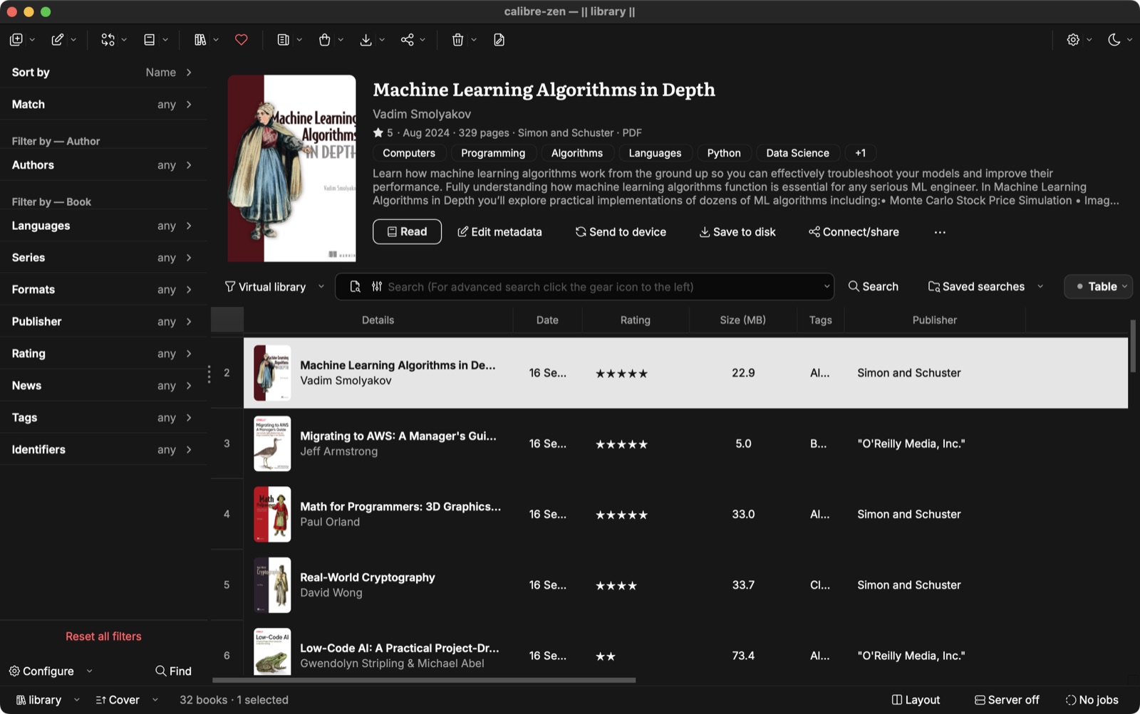 Calibre Zen in dark mode, with the filter panel and the book list as row cards