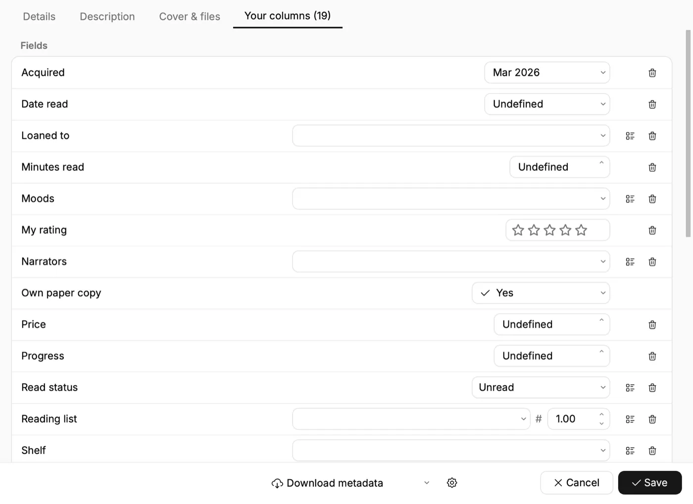The Your columns tab, with each column on its own row and a field sized to fit