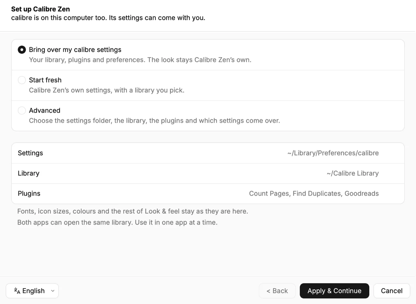 The setup page of the welcome wizard, with Bring over my calibre settings picked